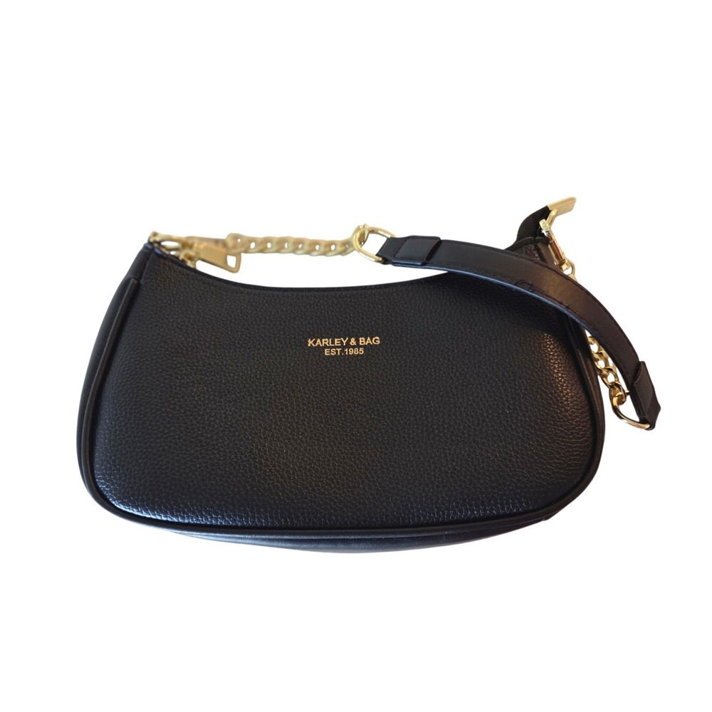 Karley & Bag Black Pebbled Vegan Leather Baguette Crossbody Bag Gold Hardware